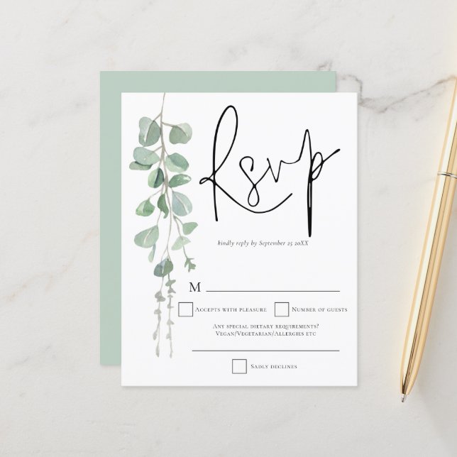Budget Eucalyptus Script Wedding RSVP  (Front/Back In Situ)