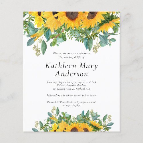 Budget Eucalyptus Sunflower Memorial Invitation