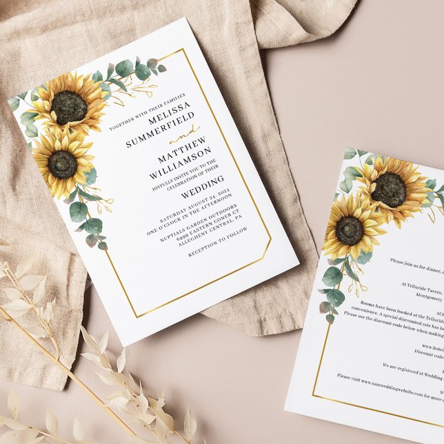 Budget Eucalyptus Sunflower Wedding All-in-One (Sunflower Eucalyptus Wedding Invitation All-in-One with Details on the reverse side)