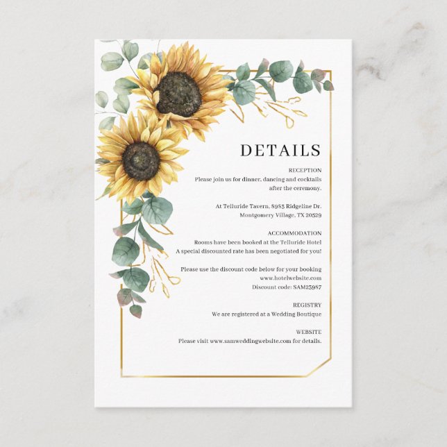 Budget Eucalyptus Sunflower Wedding Details Enclosure Card (Front)