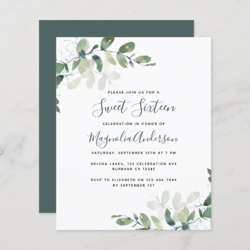 BUDGET Eucalyptus Sweet 16 Party Invitation