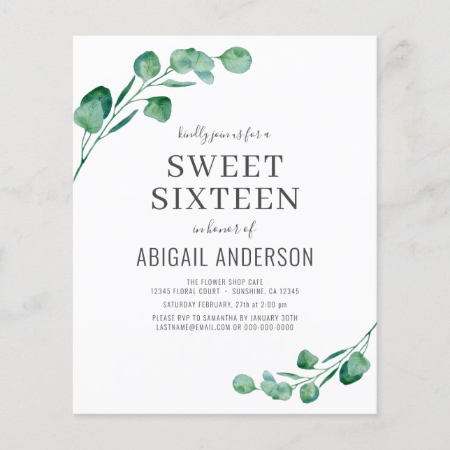 Budget Eucalyptus Sweet Sixteen Party Invitation Flyer (Front)