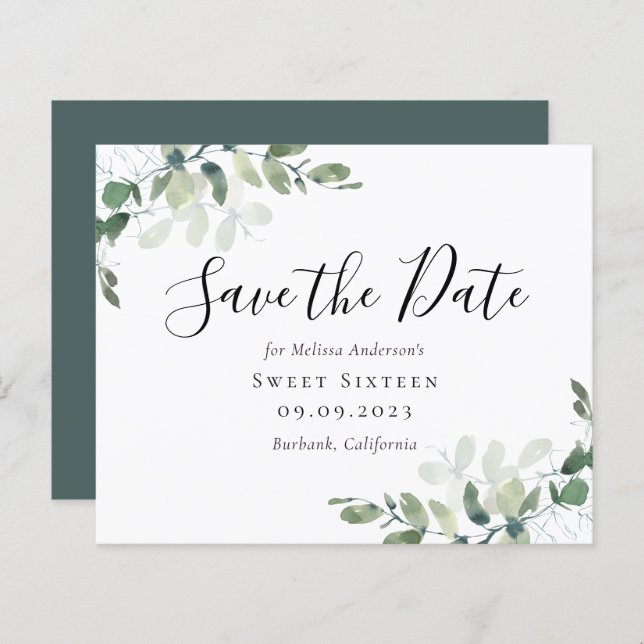 BUDGET Eucalyptus Sweet Sixteen Save the Date (Front/Back)