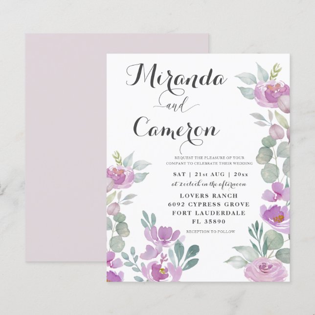 Budget Eucalyptus Watercolor Pink Wedding Invite (Front/Back)