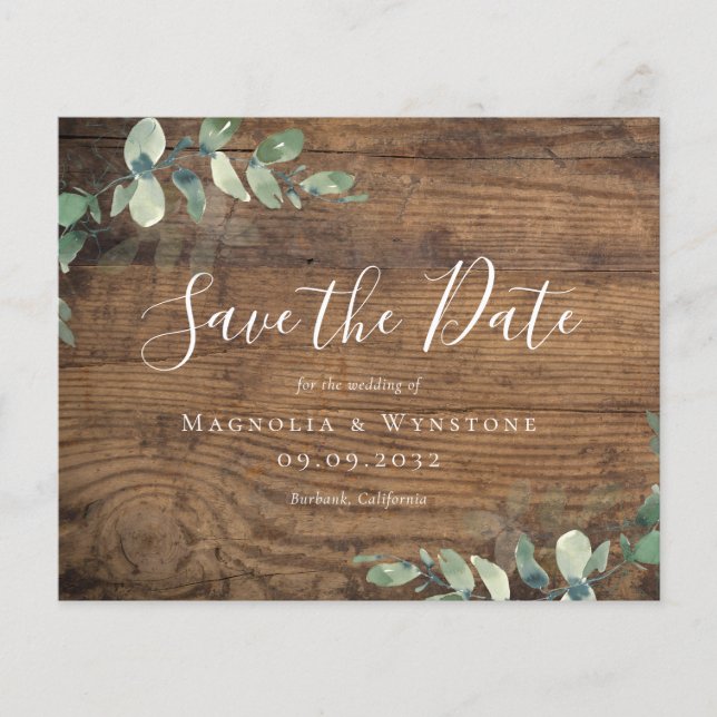 BUDGET Eucalyptus Watercolor Wedding Save The Date (Front)