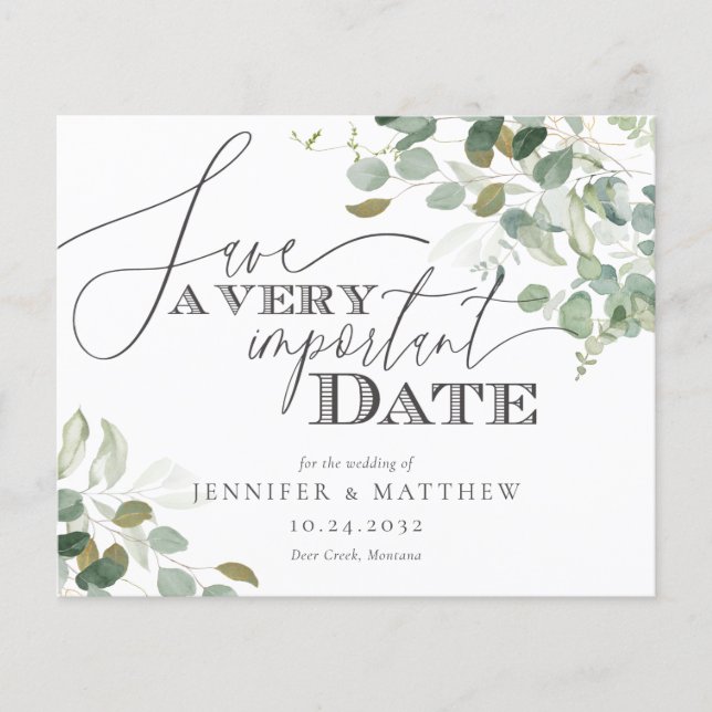 BUDGET Eucalyptus Watercolor Wedding Save The Date (Front)