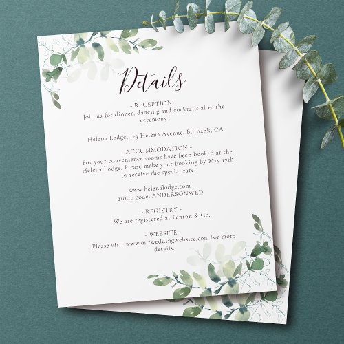 Budget Eucalyptus Wedding Details Enclosure Flyer