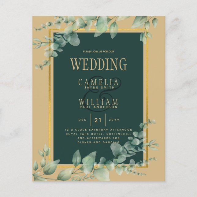 BUDGET Eucalyptus WEDDING GOLD QR CODE INVITE RSVP Flyer (Front)