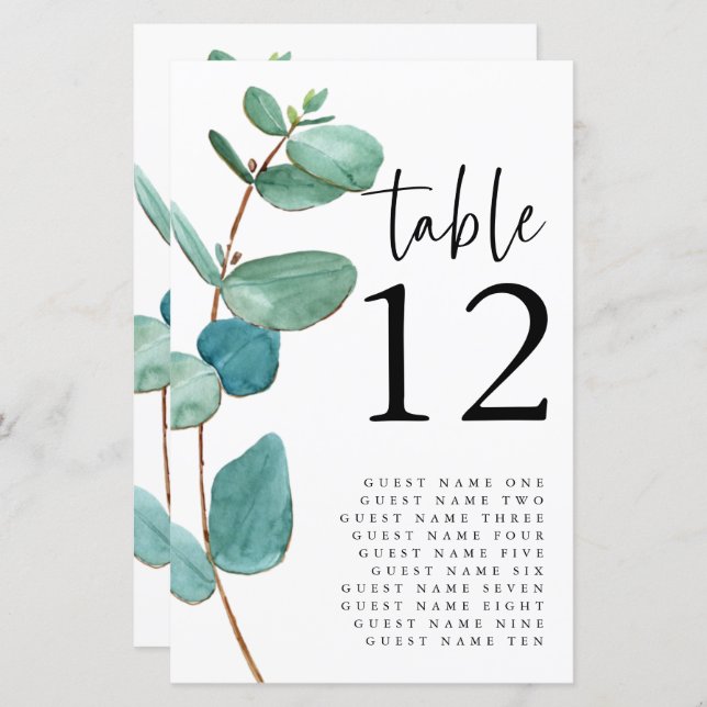  Budget Eucalyptus Wedding Guest names Table No (Front/Back)