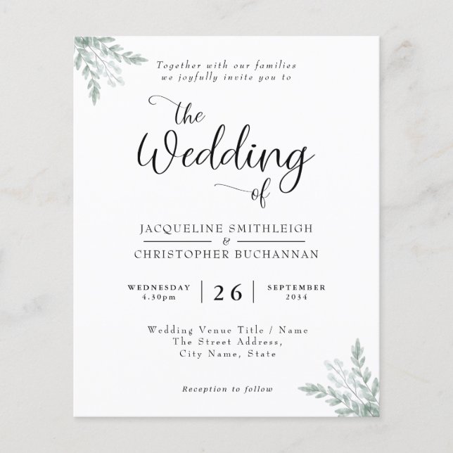 Budget Eucalyptus Wedding Invitation Flyer (Front)