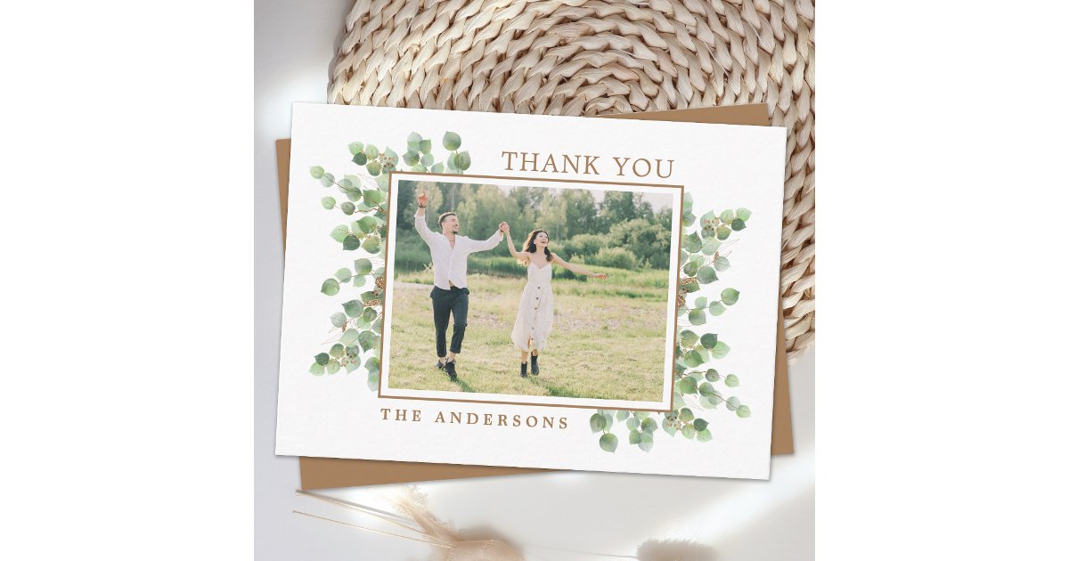 Budget Eucalyptus Wedding Photo Greenery Thank You Note Card | Zazzle