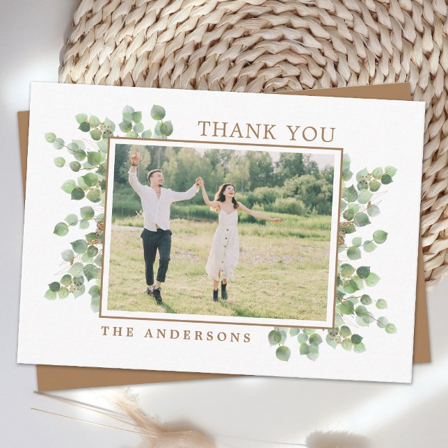 Budget Eucalyptus Wedding Photo Greenery Thank You Note Card (Creator Uploaded)