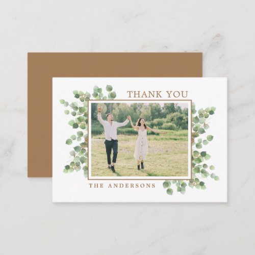Budget Eucalyptus Wedding Photo Greenery Thank You Note Card - Send out Thank You notes to your friends and family from your wedding with these eucalyptus, modern photo thank you cards.  Customize these wedding thank you cards with your favorite wedding photo, and personal message and names.  These unique greenery wedding thank you cards will make a lasting impression, your guests, family and friends!! COPYRIGHT © 2020 Judy Burrows, Black Dog Art - All Rights Reserved. Budget Eucalyptus Wedding Photo Greenery Thank You Note Card 