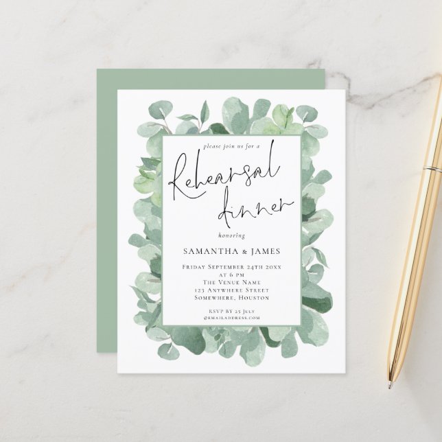 Budget Eucalyptus Wedding Rehearsal Dinner Invite (Front/Back In Situ)