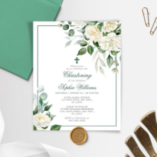 Budget Eucalyptus White Christening Invitation