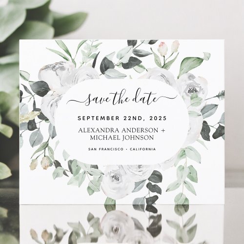 Budget Eucalyptus White Floral Save the Date