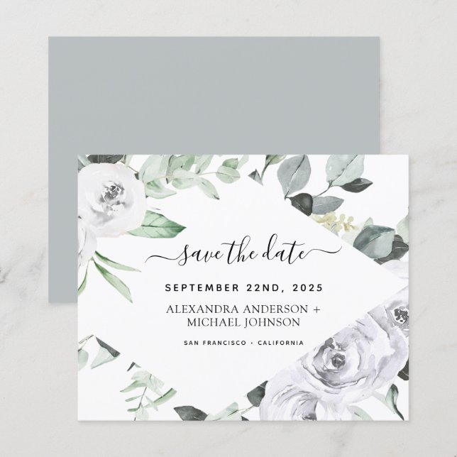 Budget Eucalyptus White Floral Save the Date (Front/Back)