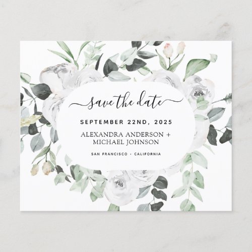 Budget Eucalyptus White Floral Save the Date Flyer