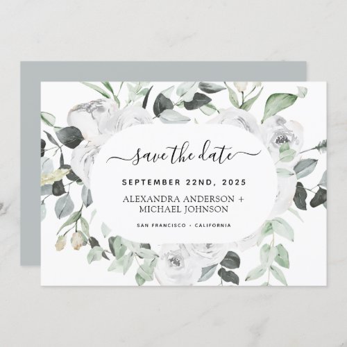 Budget Eucalyptus White Floral Save the Date Invitation