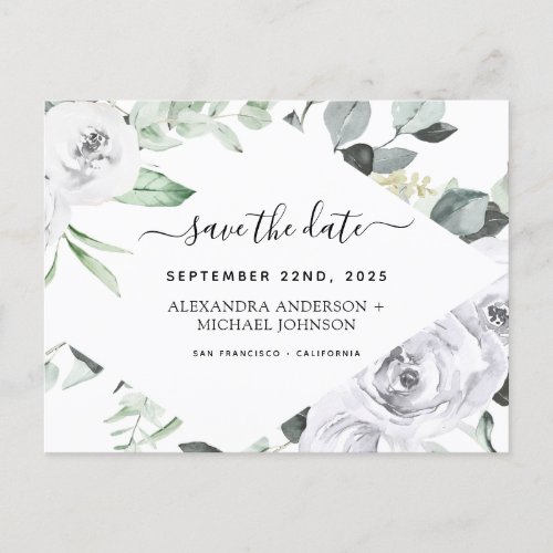 Budget Eucalyptus White Floral Save the Date Postcard