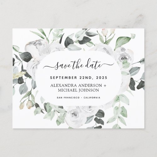 Budget Eucalyptus White Floral Save the Date Postcard