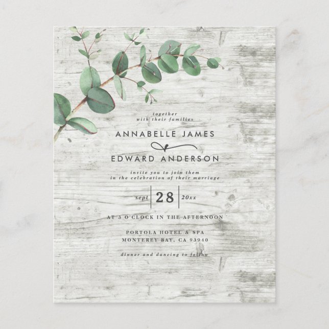 budget Eucalyptus white wood wedding Invitation (Front)