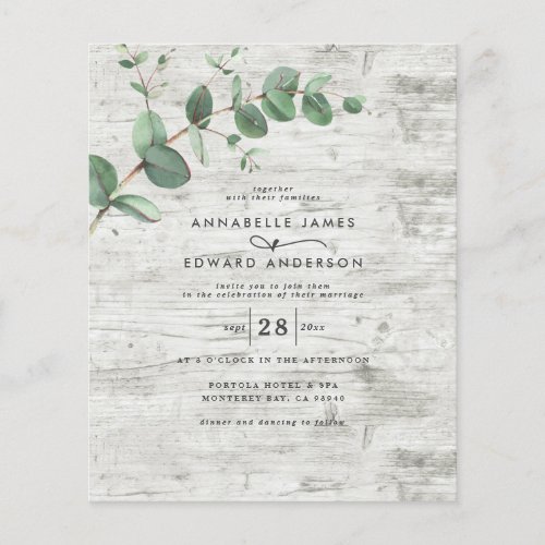 budget Eucalyptus white wood wedding Invitation