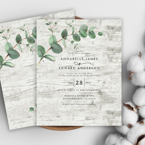 budget Eucalyptus white wood wedding Invitation Flyer