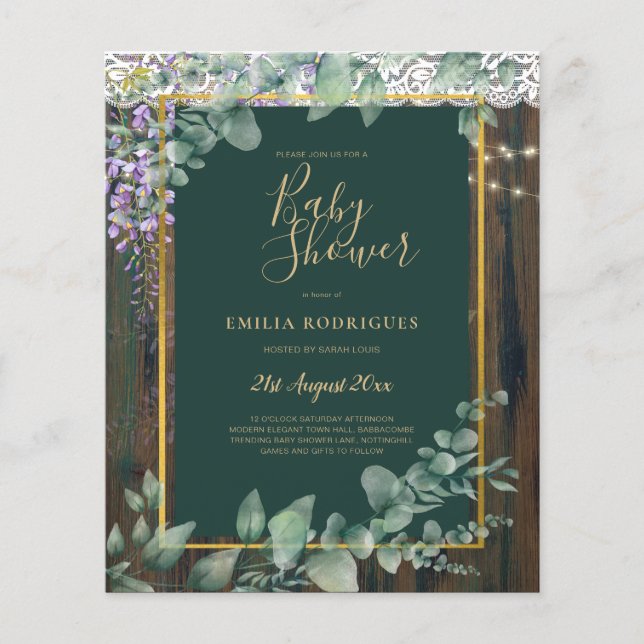 BUDGET Eucalyptus Wisteria BABY SHOWER Rustic Lace Flyer (Front)