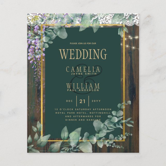 BUDGET Eucalyptus Wisteria WEDDING Rustic Lace INV Flyer (Front)