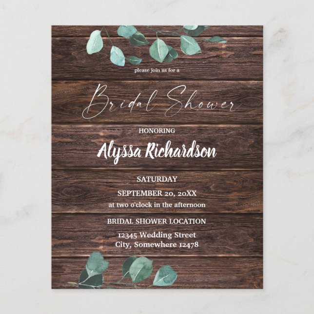 Budget Eucalyptus & Wood Bridal Shower Flyer (Front)
