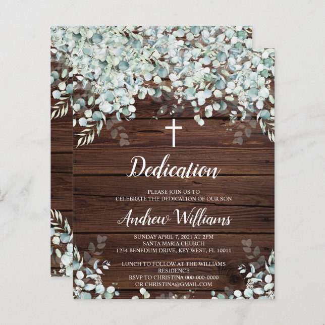 Budget Eucalyptus & Wood Dedication Invitation (Front/Back)