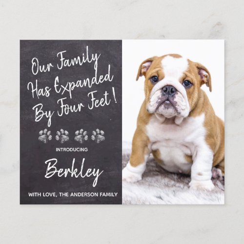 Budget Expanded by Four Feet New Pet Puppy Dog - Our Family Has Expanded By Four Feet ! Introduce your new little pup with this simple rustic slate chalkboard and paw print design announcement card for new dog's, and puppies. These budget new pet announcement postcards need to be mailed as oversized postcards so may incur standard postage fees but they don't need an envelope or a return address label.
Add your pup's favorite photo and personalize with pups name and family name ! Type your personal message to family and friends on the back or delete to handwrite.
Whether a new puppy or an adopted rescue dog, this simple rustic chalkboard design is perfect to send to family and friends to welcome a new family pet. COPYRIGHT © 2020 Judy Burrows, Black Dog Art - All Rights Reserved. 
Budget Expanded by Four Feet New Pet Puppy Dog