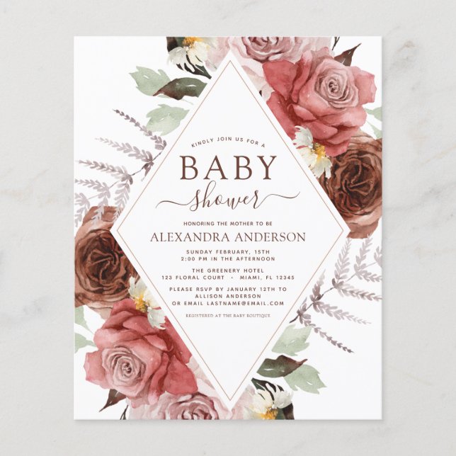Budget Fall Baby Shower Terracotta Floral Flyer (Front)