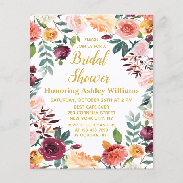 Budget Fall Boho Floral Bridal Shower Invitation (Front)