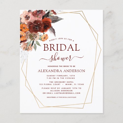 Budget Fall Bridal Shower Burgundy Floral Flyer