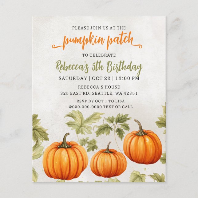 Budget Fall Burnt Orange Pumpkin Patch Birthday (Front)