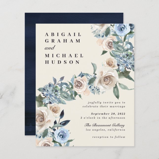 Budget Fall Cream Blue Watercolor Flowers Wedding (Front/Back)