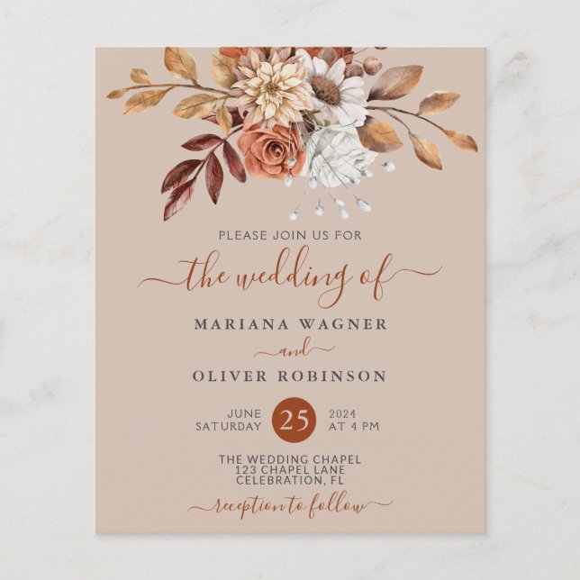 Budget Fall Floral on Taupe Wedding Invitation (Front)