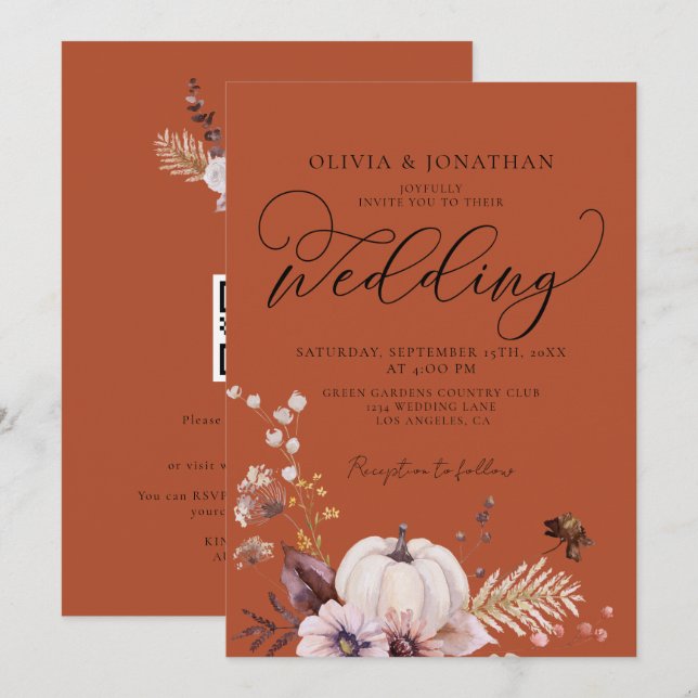 Budget Fall Floral Terracotta QR Code RSVP Wedding Invitation (Front/Back)