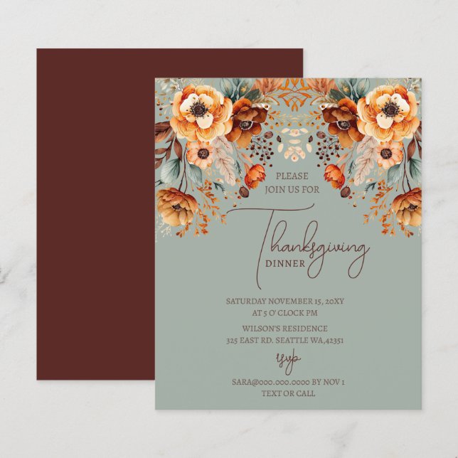 Budget Fall Floral Thanksgiving Dinner Invitation (Front/Back)