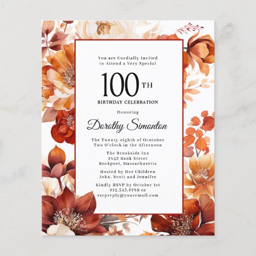 Budget Fall Flowers 100th Birthday Invitation