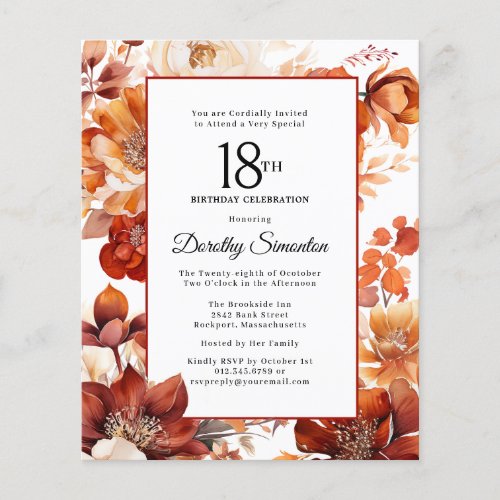 Budget Fall Flowers 18th Birthday Invitation