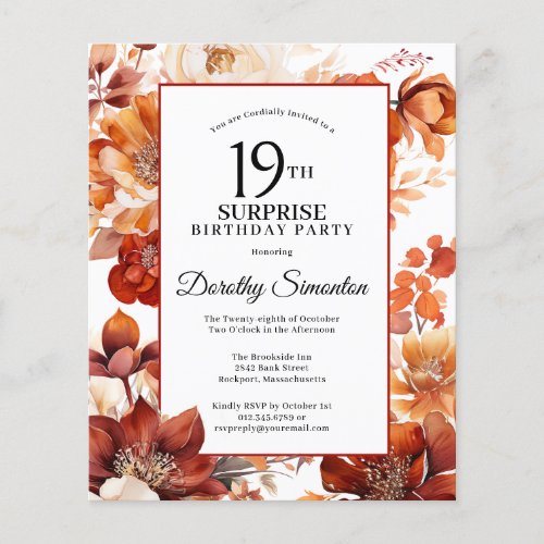 Budget Fall Flowers 19th Surprise Birthday Invite