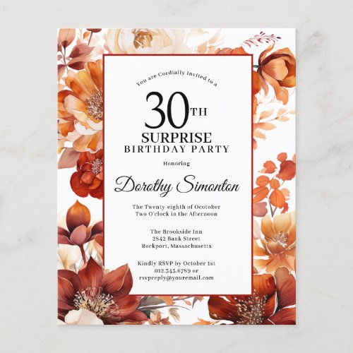 Budget Fall Flowers 30th Surprise Birthday Invite