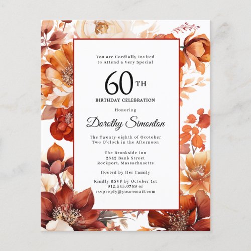 Budget Fall Flowers 60th Birthday Invitation