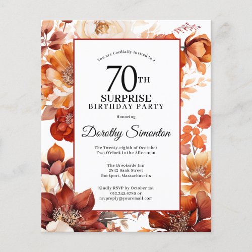 Budget Fall Flowers 70th Surprise Birthday Invite