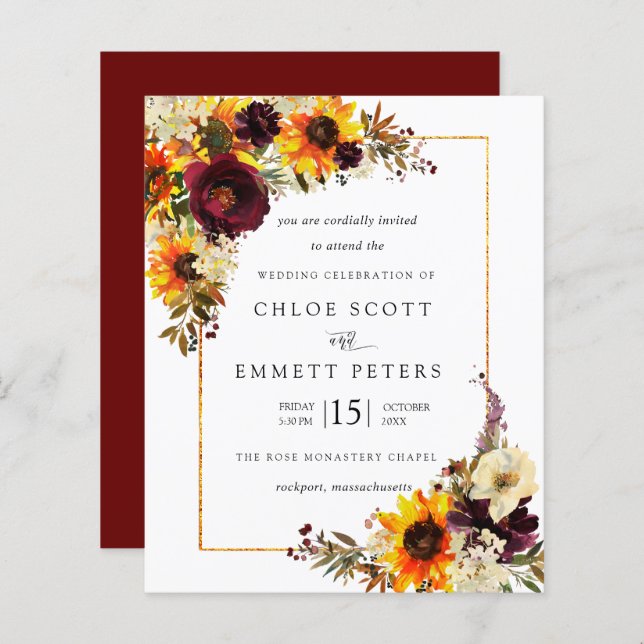 Budget Fall Flowers Sunflower Wedding Invitation (Front/Back)