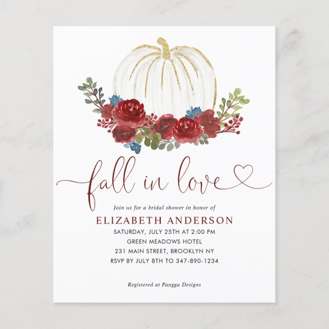 Budget Fall in Love Burgundy Pumpkin Bridal Shower Flyer (Front)