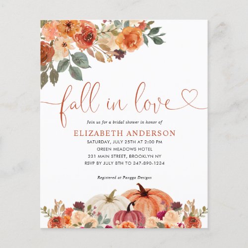 Budget Fall in Love Floral Pumpkin Bridal Shower Flyer